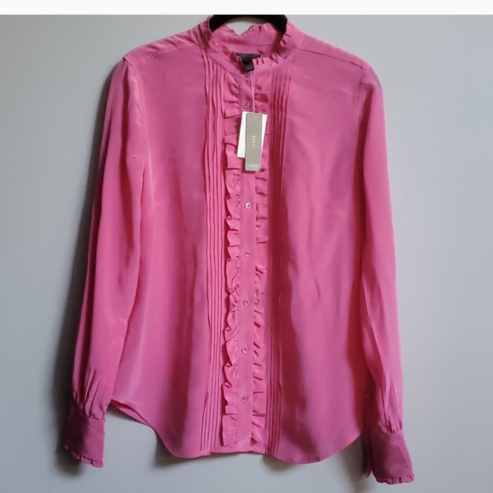 J. Crew Pink 100% Silk ruffle tuxedo blouse sz 4 (No tags)